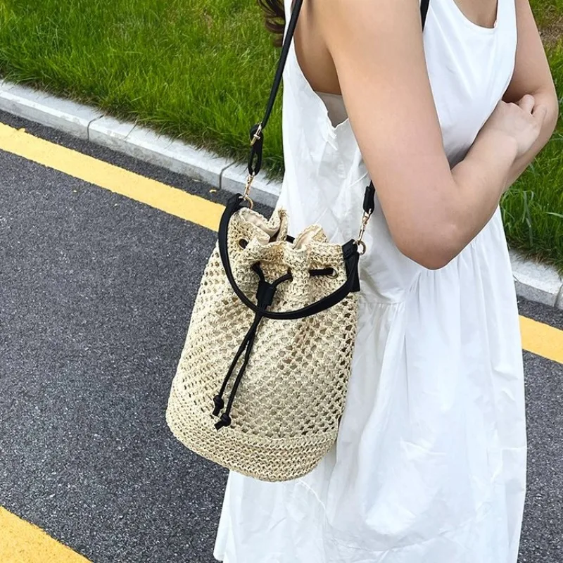 

Female Boho Handbag Straw Woven Round Bag Beach Vacation Essential Lightweight Shoulder Bag For Seaside Pool Party Summer