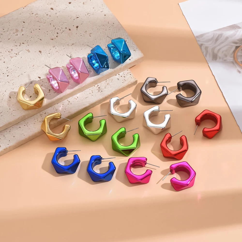 сережки Metallic Color Acrylic Chunky C-shape Hoop Earrings for Women New Irregular Geometric Huggies Earring Glossy Jewelry