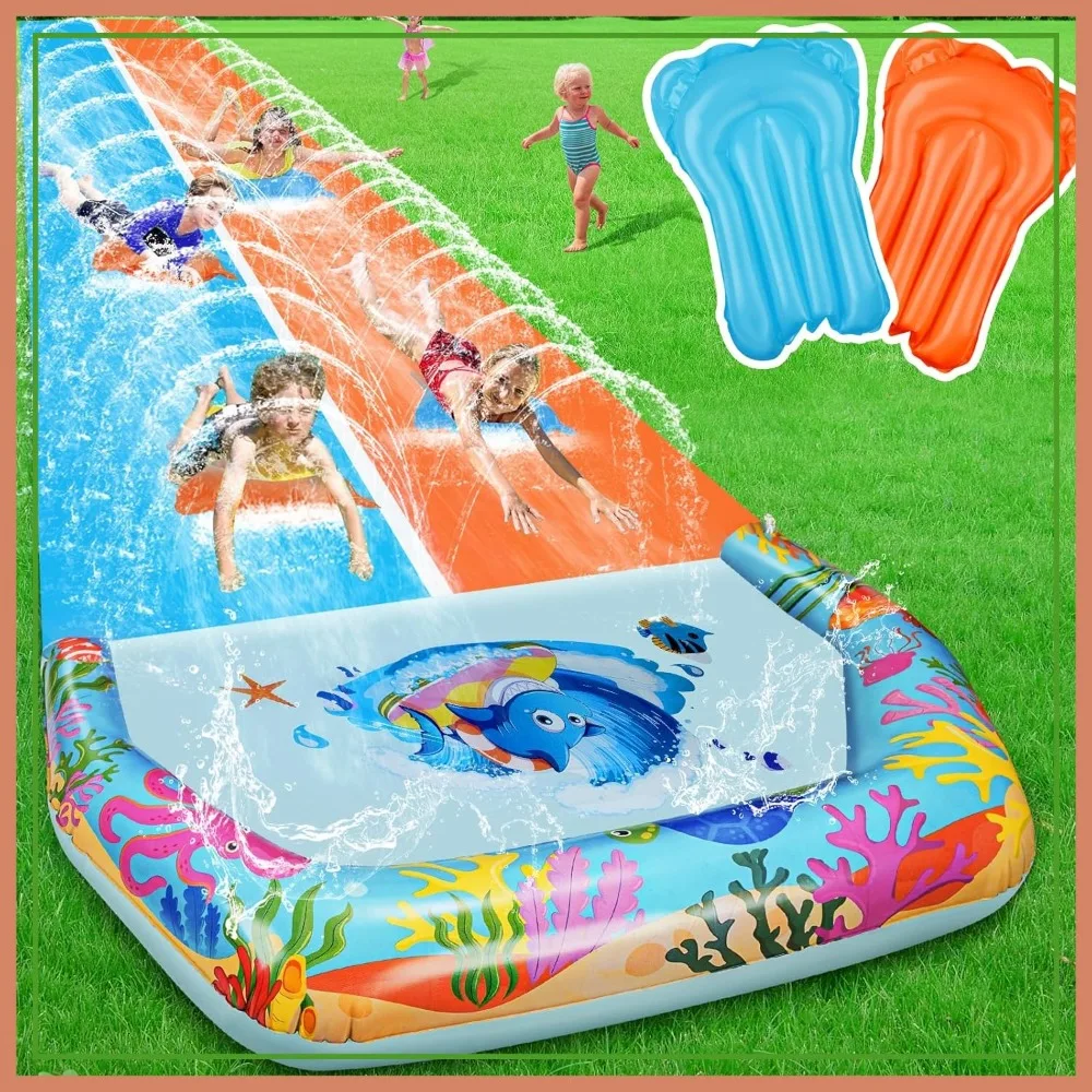 

40FT Double Slip and Water Slides for Backyard, Extra Long Lawn Water Slides with 2 Bodyboards, Heavy Duty Giant Inflatable Water Slip Toys with Crash Pad for Summer Outdoor Party