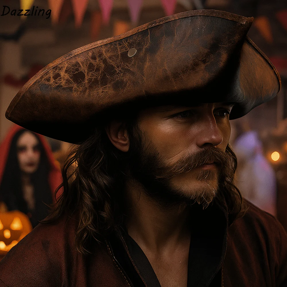 

PU Leather Halloween Pirate Hat Triangular Vintage Captain Tricorn Hat Buttoning Design Masquerade Party Cosplay Hat Stage