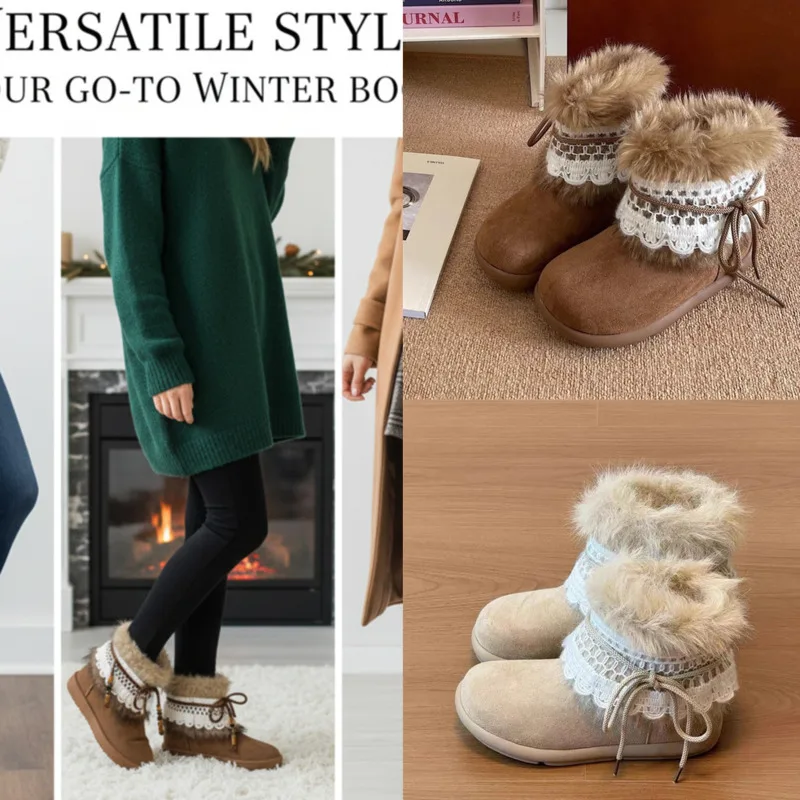 

Snow Boots Lace Bow Fleece Women Vintage Winter Fashion Cozy Warm Flat Heel Round Toe Design Stylish Fall Winter Footwear New