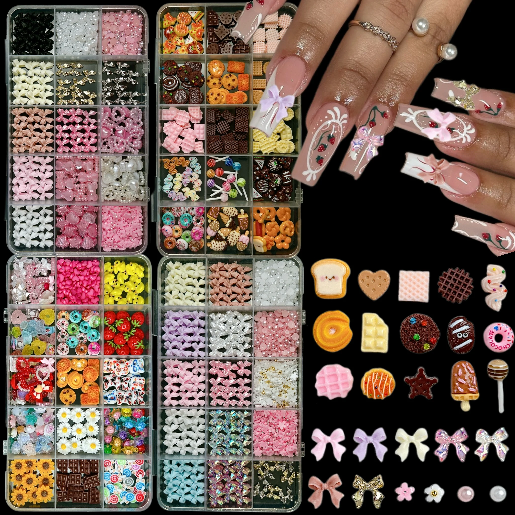 1Box Dopamine Colored Lollipop Donut Cream Nail Art Decorations Colorful Bowknots Artificial Pearl Heart Mixed Nail Charms DIY