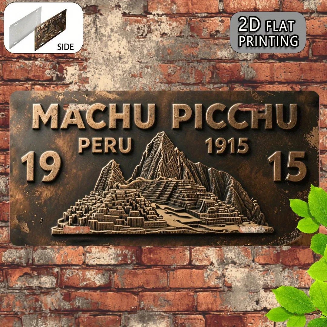 Letrero Metálico HD, Placa de Matrícula Vintage de Machu Picchu Perú 1915, Arte de Pared Metálico, Decoración Retro de Ruinas Inca para Bar o Cuarto de Hombre, Sudamérica