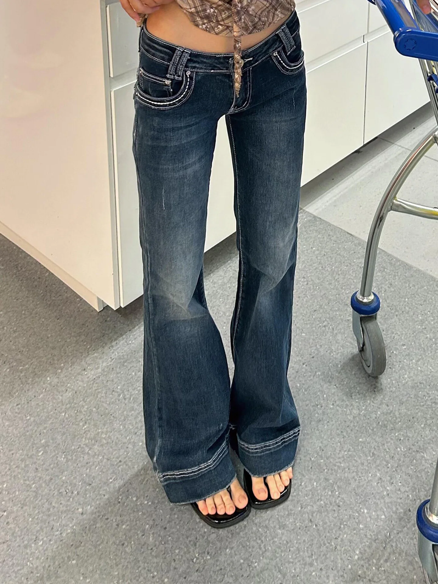 

American Style Vintage High Street Deep Blue Jeans Women's Summer New Slimming Washed Narrow Version Floor-Length Pants