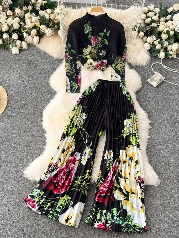 2024 Fashion Miyake Pleated Hot Two Piece Set Gradient Flower Printing High Neck Stretch Top And Wide Leg Pants Trouser Suits