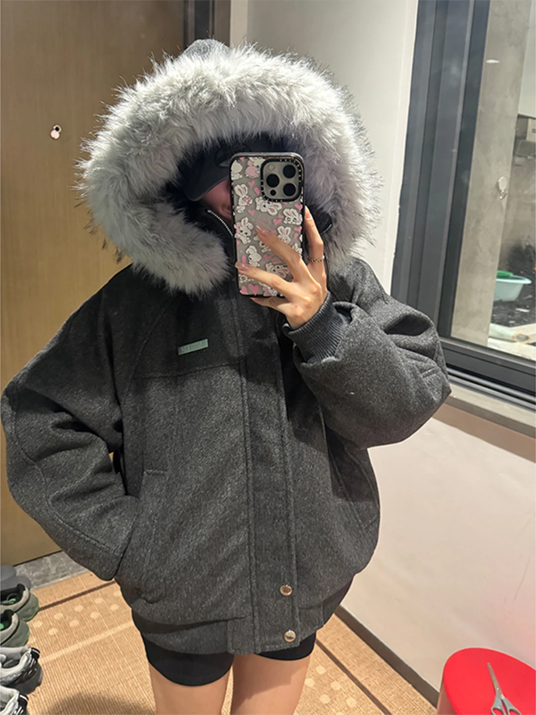 

Deep ey Fur Collar Splicing Thiened Woolen Coat Men's Winter Fce Lined Cotton Jaet American Sle Hooded Cotton Clothes