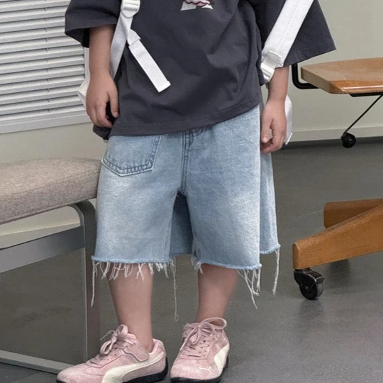 Pants 2026 Spring and Summer New Children's Wear Korean Boys and Girls Casual Edge Denim Fringe Broken Edge Five Minute Pants