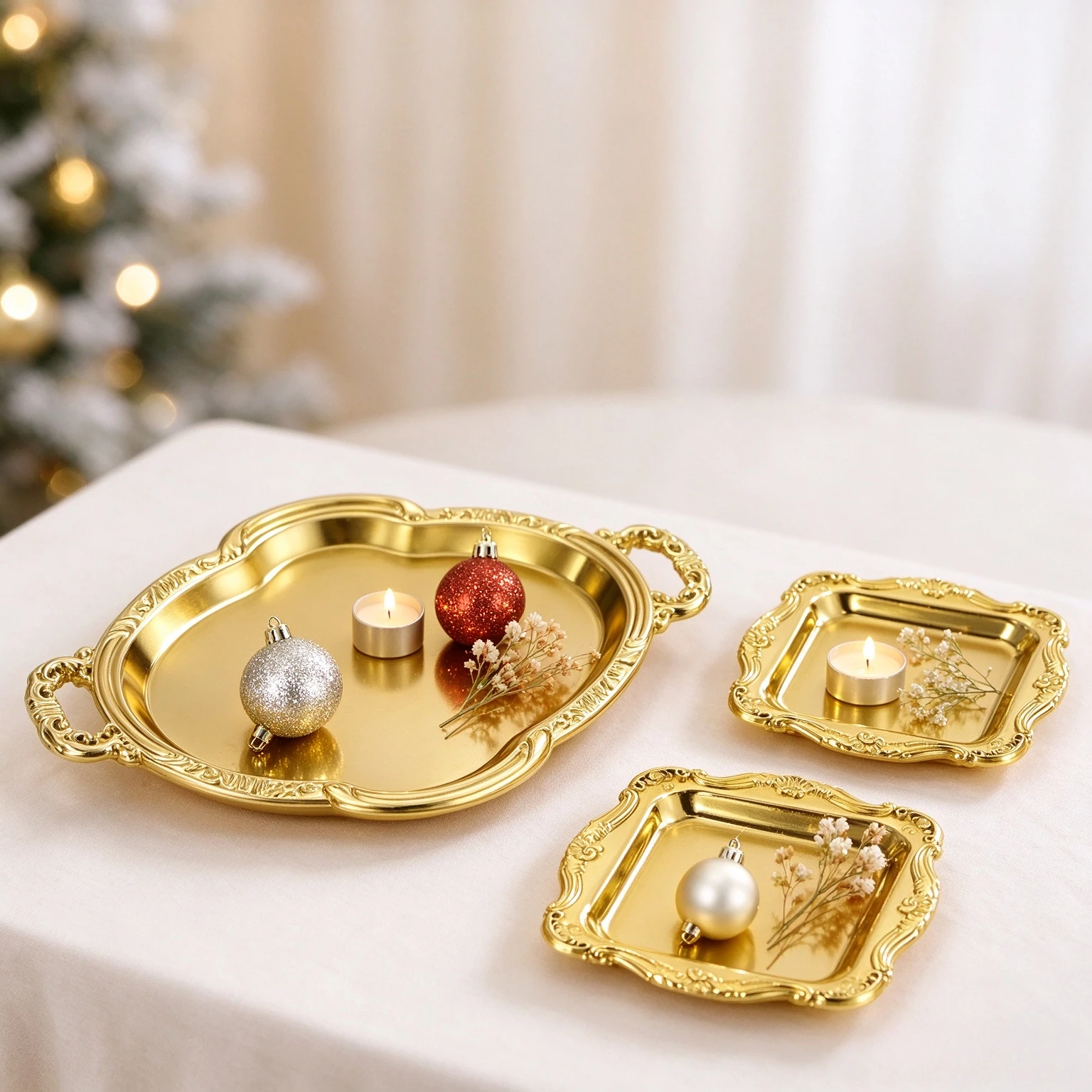 3Pcs Retro Embossed Plastic Golden Tray, Electroplated Decorative Storage Tray, Jewelry Cosmetic Serving Tray for Party Holiday
