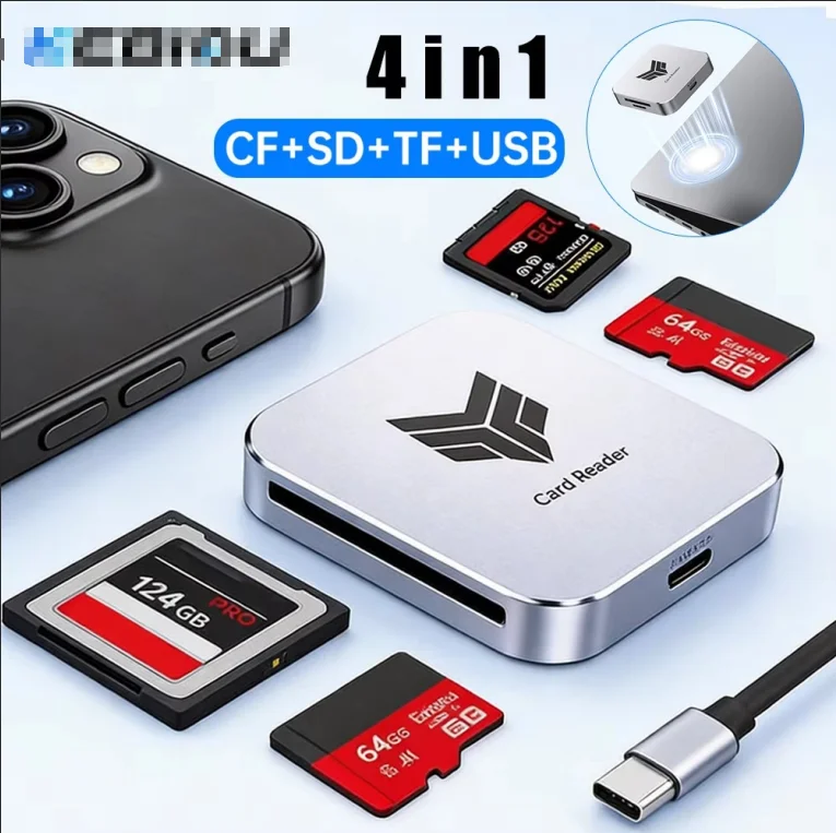 Magnetic 4-in-1 5Gbps Card Reader CF SD TF USB-A Ultra Thin Type-C Adapter For Phone Camera Drone Video Transfer