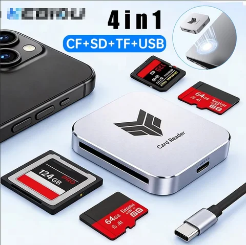 Magnetic 4-in-1 5Gbps Card Reader CF SD TF USB-A Ultra Thin Type-C Adapter For Phone Camera Drone Video Transfer