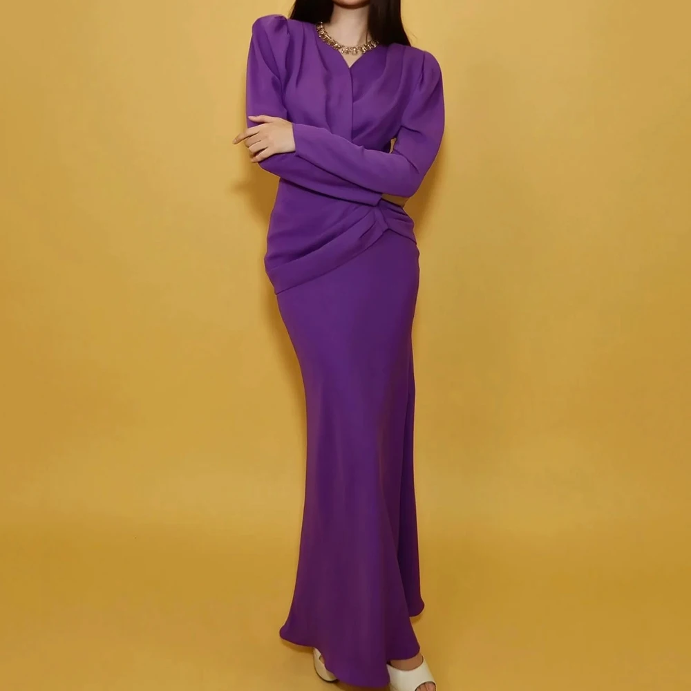 

Women's A-line Evening Dresses Ankle-length V-neck Full Sleeve Prom Gown Fashion Pleat Simple Draped Casual Customized Gowns