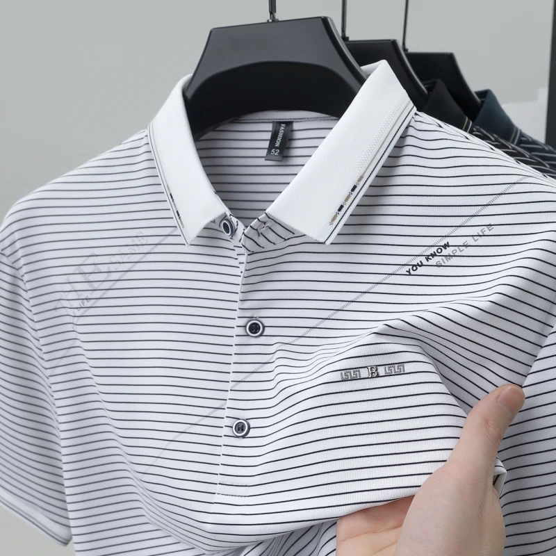 

High end brand fashion short sleeve men's polo shirt 2025 summer trend striped casual business ice silk breathable lapel T-shirt
