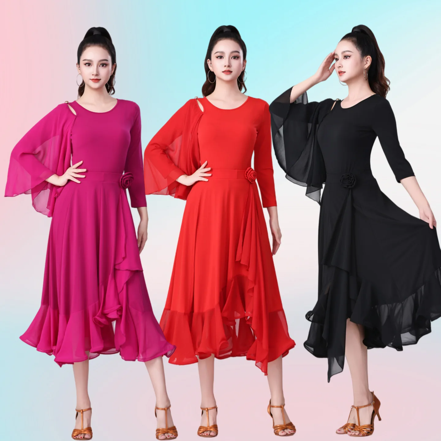 romantic-new-style-women's-romper-square-dance-skirt-round-neck-standard-dance-modern-dance-social-dance-fitness-sportswear