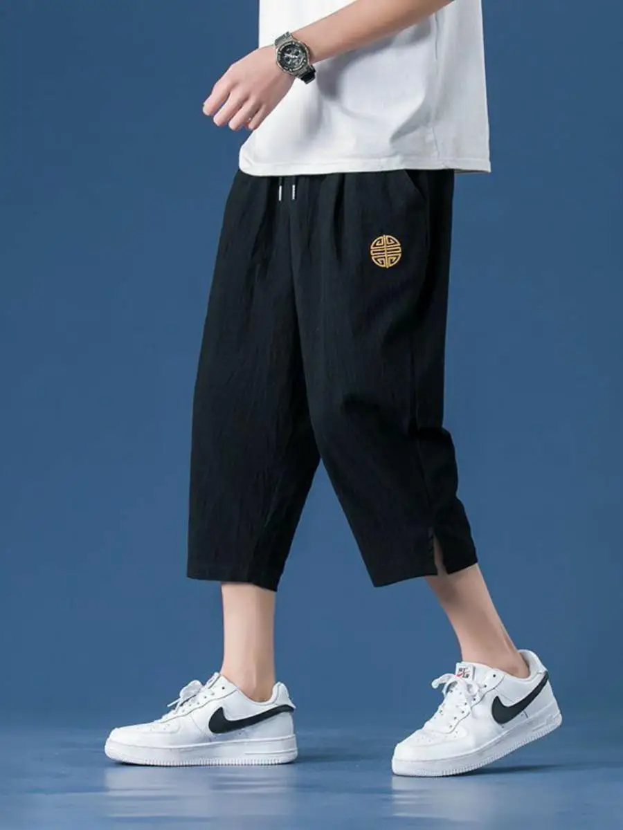 

Летние тонкие хлопковые льняные повседневные прямые пляжные брюки, мужские свободные шорты длиной 7/8, с высокой талией, весенние брюки для отдыха