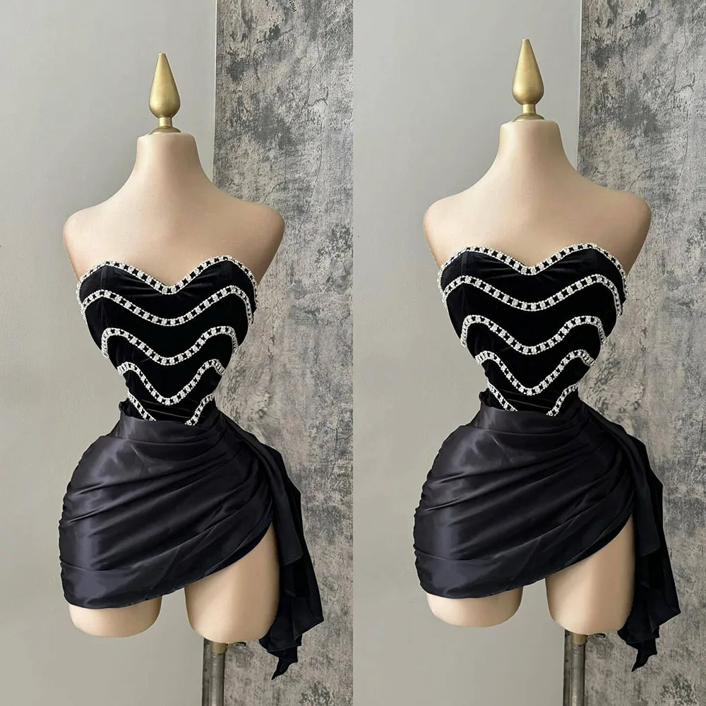 Sexy Black Cocktail Dress 2025 Strapless Beads Short Birthday Outfit Vestidos De Graduación Party Gowns Customized