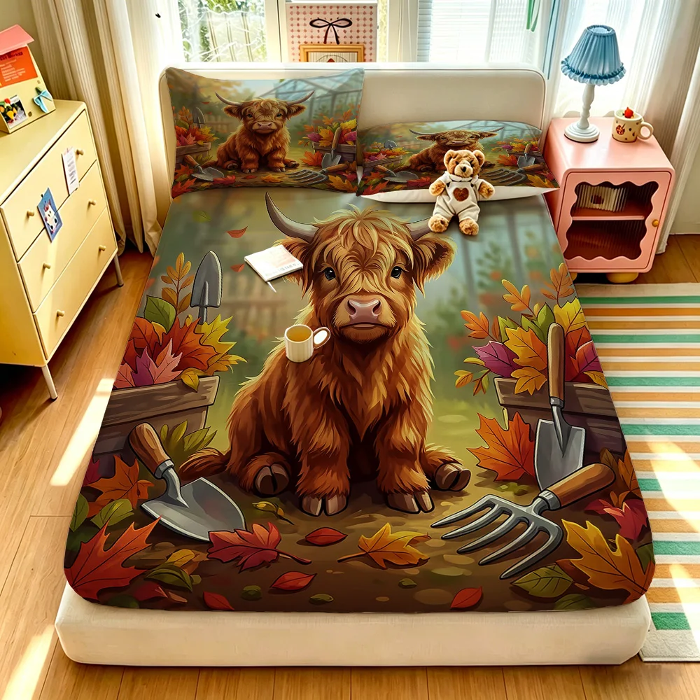 3pcs Autumn Harvest Festival Highland Cattle Print Coreless Fitted Sheet Set Multi Size Soft Bedding Decoration Machine Washable