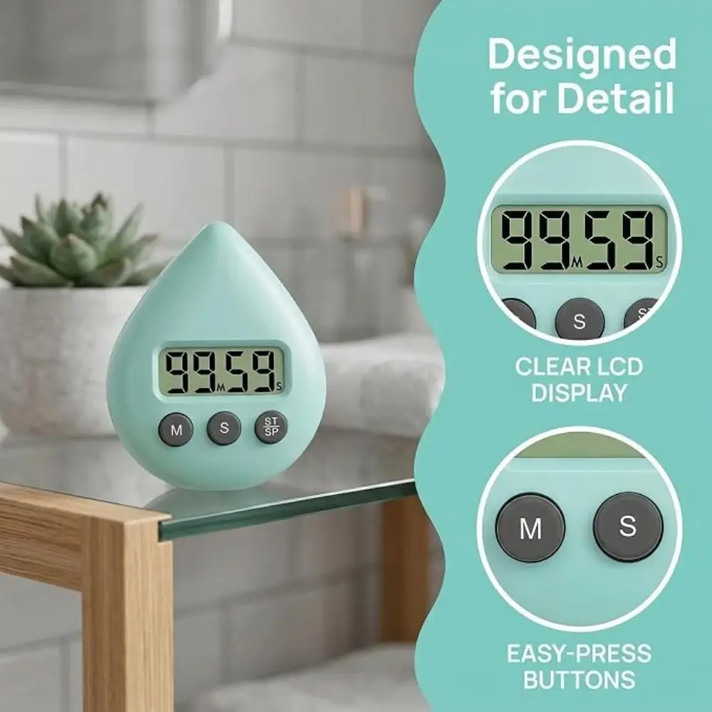 Large LCD Display Kitchen Timer Water Drop Shape Portable Countdown Timer Hanging Hole Multi-Purpose Waterproof Bathroom Clock