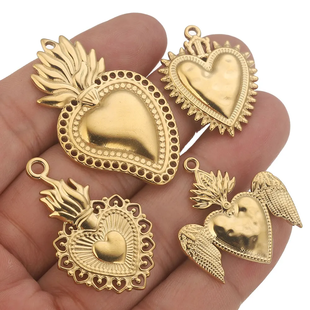 5PCS/lot Stainless Steel Gold Sacred Heart Charms Pendant for DIY Jewelry Making Earring Necklace Connector Material Wholesale image 4