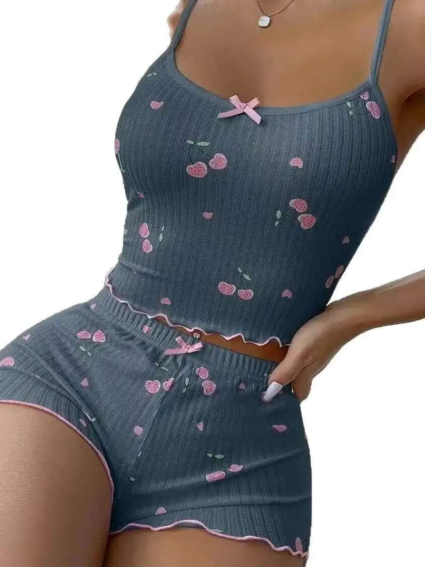 인쇄 된 신제품 세트 귀여운 체리 인쇄 솔리드 컬러 홈 의류 나비 활 편안한 스트랩 드레스 세트 여성 X9W1