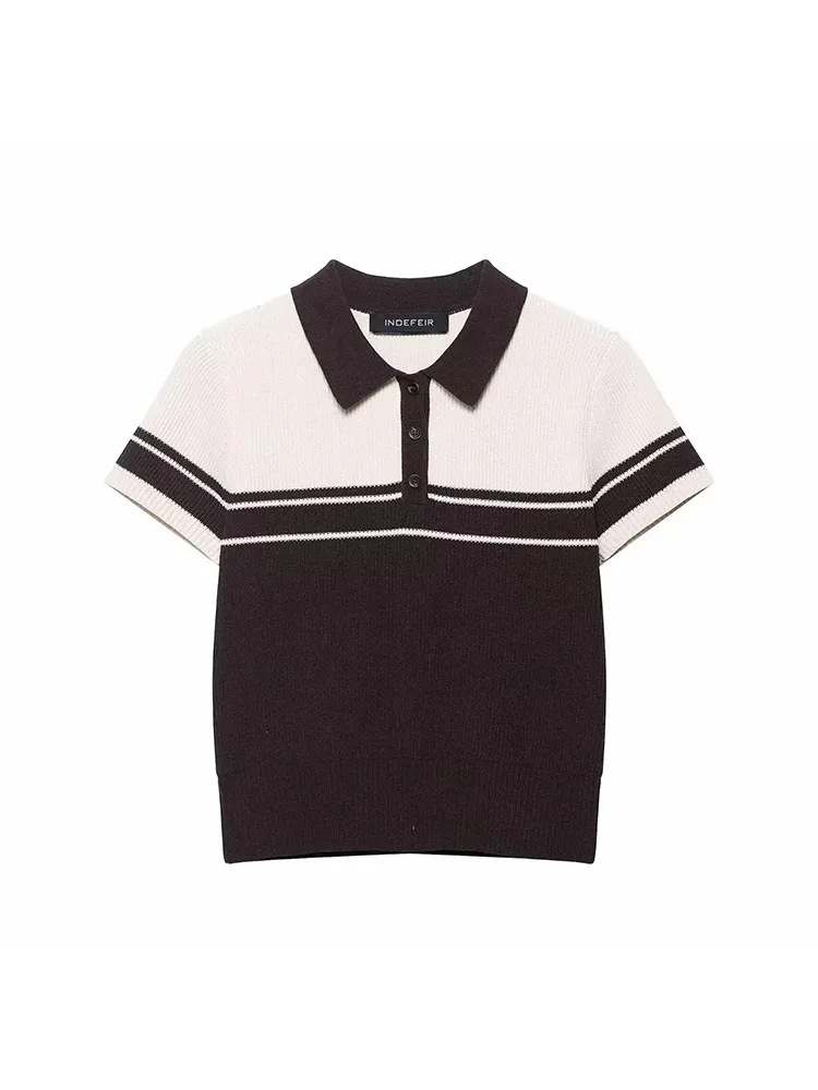 

Женский весенний свитер 2025 года, топы с откидным воротником, рубашка-поло в рубчик, трикотажные топы с короткими рукавами, модный повседневный трикотаж, пуловер