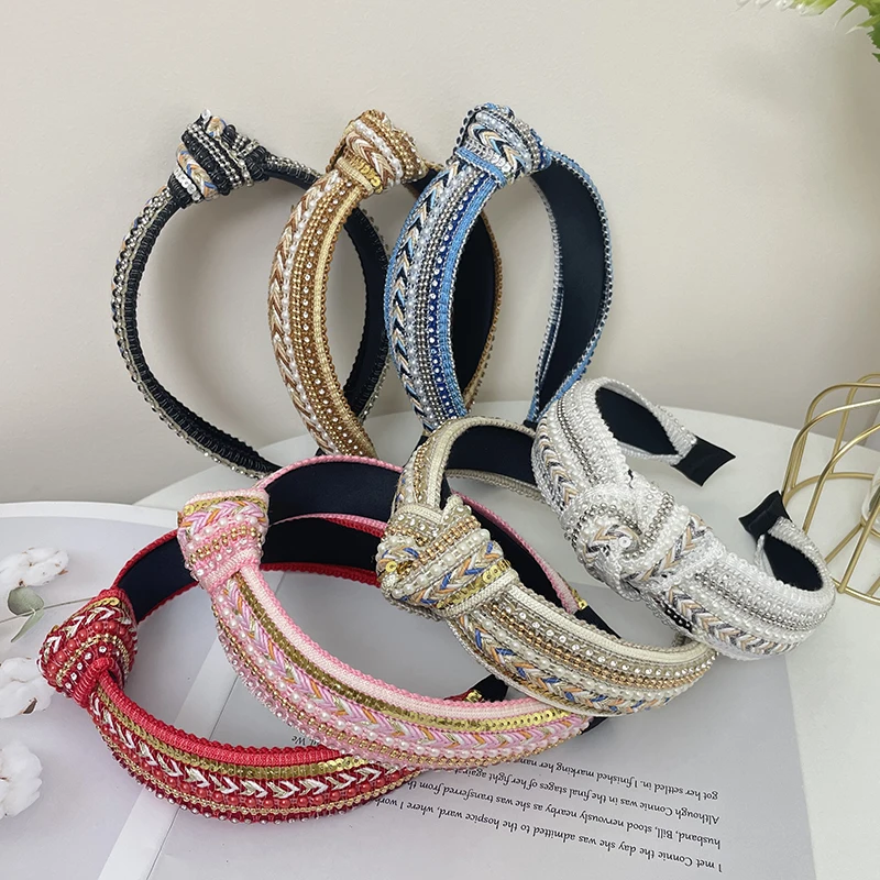 Boho Rhinestone Faux Pearl Knitted Headband Shiny Sequin Head Hoop Elegant Hair Accessories For Women Girls Wide Band