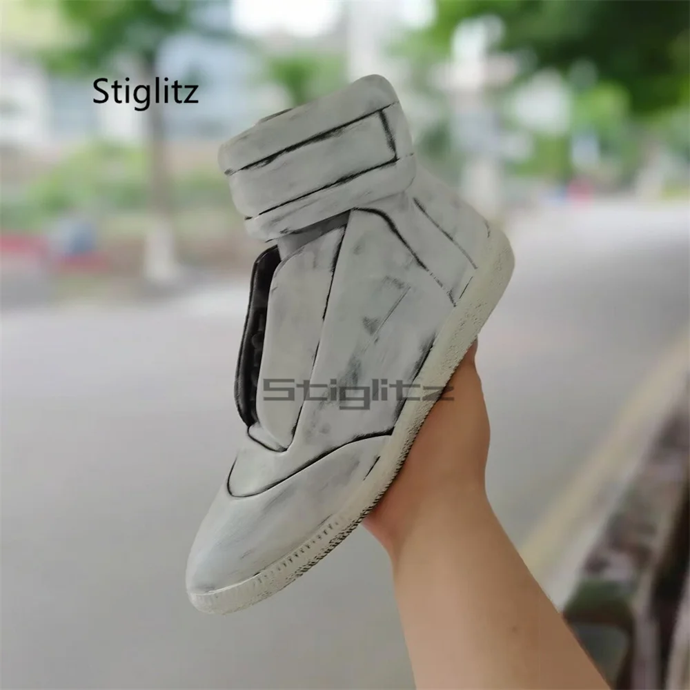 White Graffiti Casual High Top Boots for Men Women Genuine Leather Breathable Sports Shoes Flats Round Toe Sneakers Couple Shoes view 4