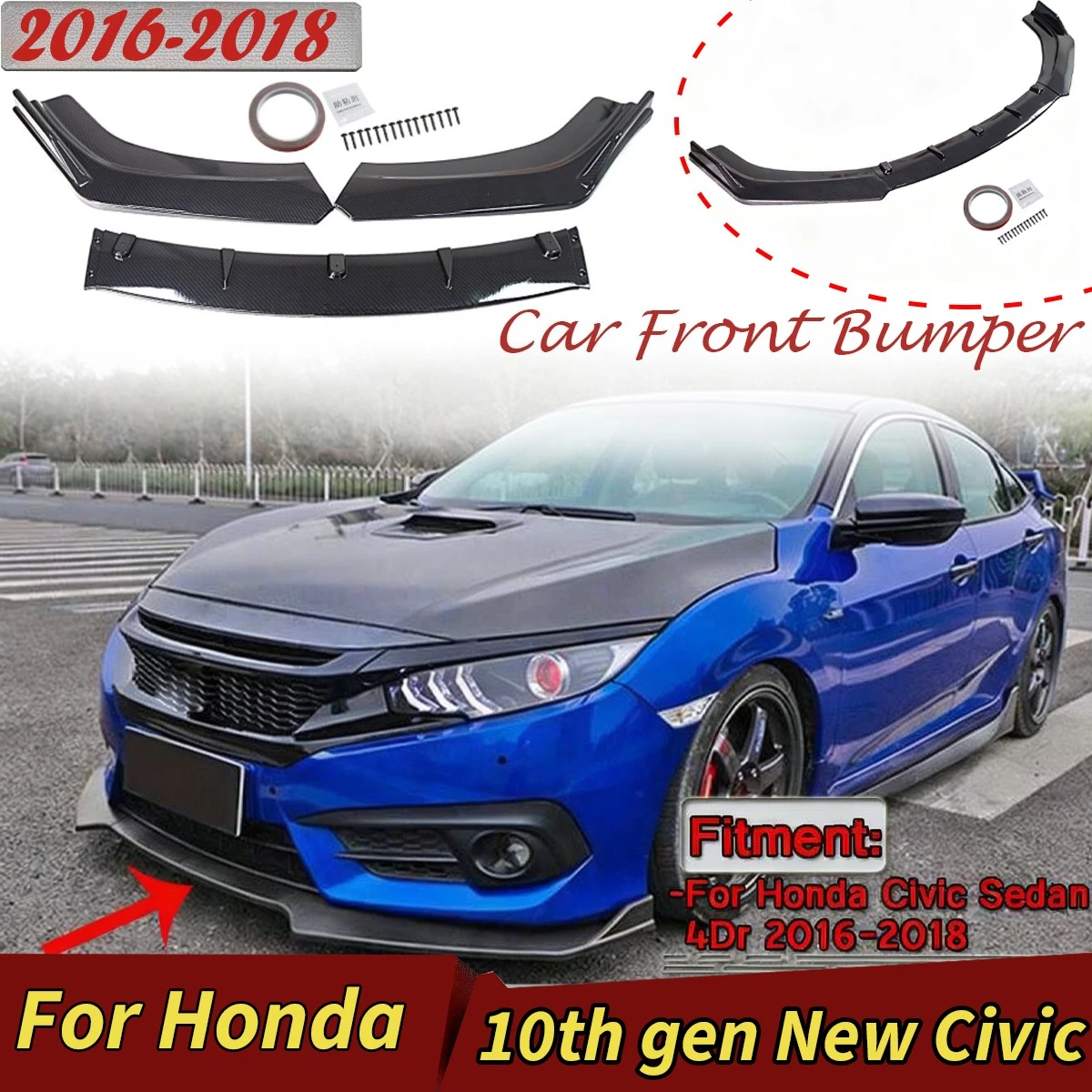 

Universal Front Bumper Lip for Honda Civic 10th Gen 2016-2018 Front Shovel Diffuser spoiler Splitter Blade 3pcs Bodykits Tuning