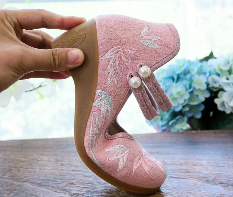Women Ankle Button Strap Pumps Ethnic Embroidery Mary Jane Dress Shoes Mid Heel Cotton Fabric Espadrilles Vintage Sandals