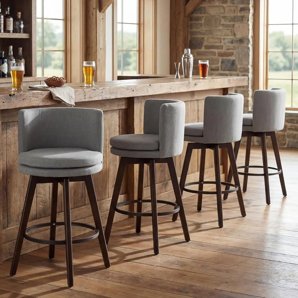 

Set of 4, 26 Linen Gray Upholstered Counter Height Bar Stools with Solid Wood Legs and Metal Footrest