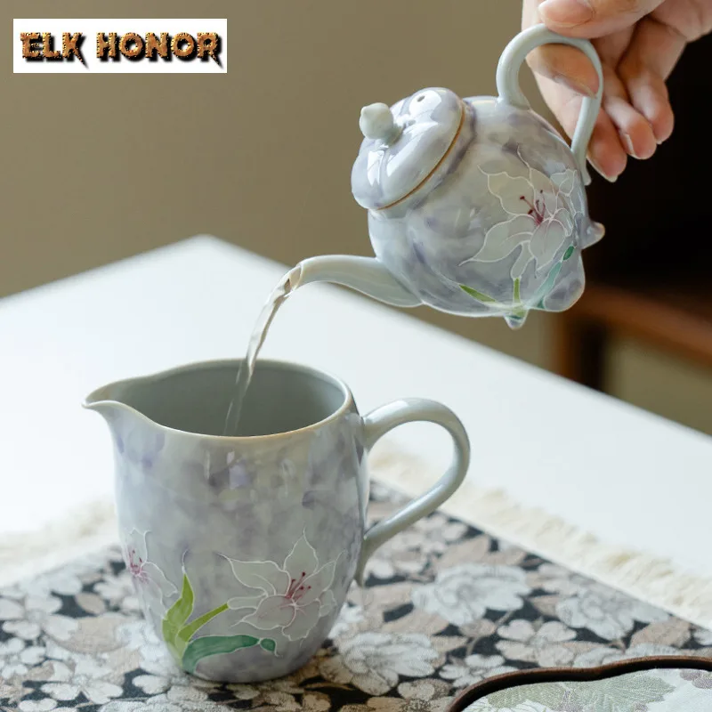 100ml Misty Purple Pure Hand-painted Lily Teapot Japanese Tea Infuser Pot Tea Maker Kettle With Ball Hole Chinese Tea Set Gifts