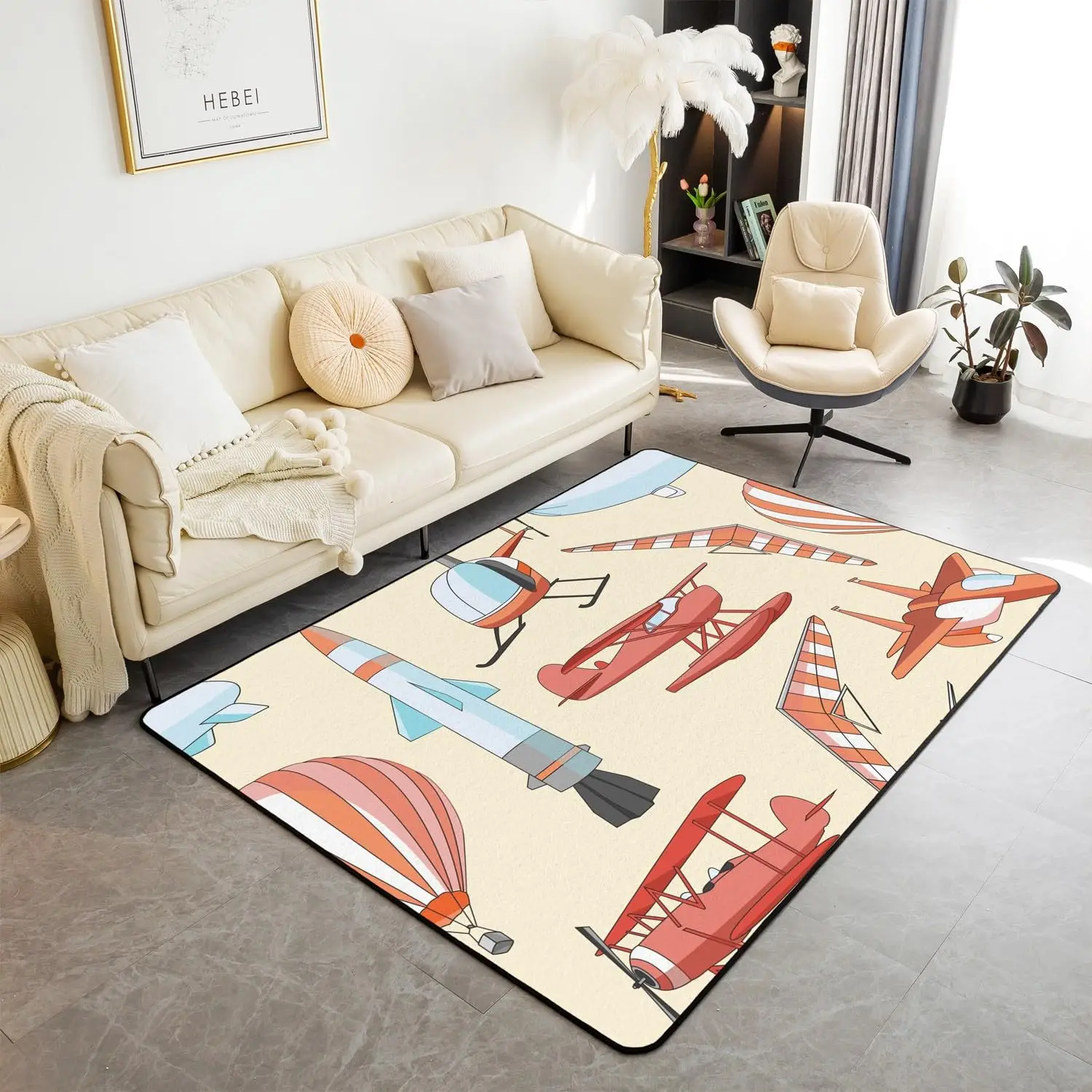 Aircraft Area Rug,Vintage Airplane Non Slip Rug for Kids Boys Girls,Flying Plane Carpet,Paragliding Helicopter Rocket Decor Mat