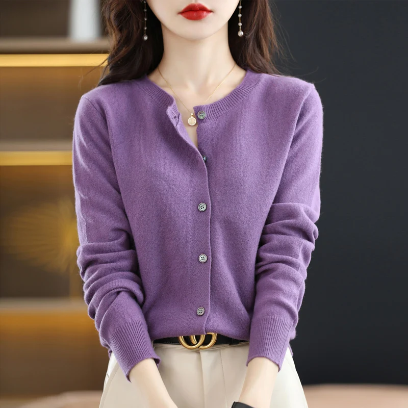 Spring and Autumn New Round Neck Knit Cardigan Women\'s Loose Button Sweater All-match Jacket Solid Color Basic Small Cardigan