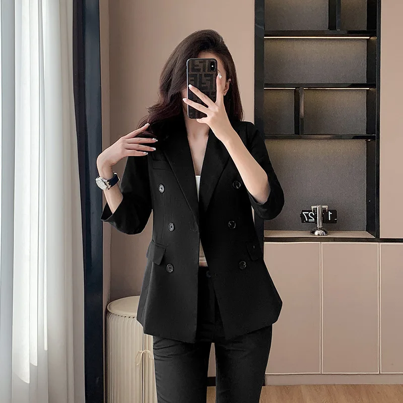 Blue Suit Jacket Women's Business Wear Spring College Student Interview Formal Wear Tooling High-End Double Breasted Suit