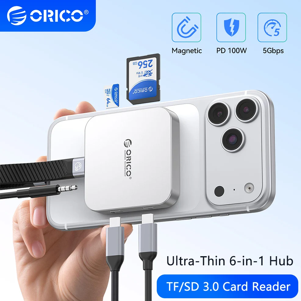 

ORICO 6 in 1 Magnetic SD/TF 3.0 Memory Card Reader PD100W Multi Port Ultra-Thin USB C Hub 5Gbps Expansion 3.5mm Audio Solt Air5C