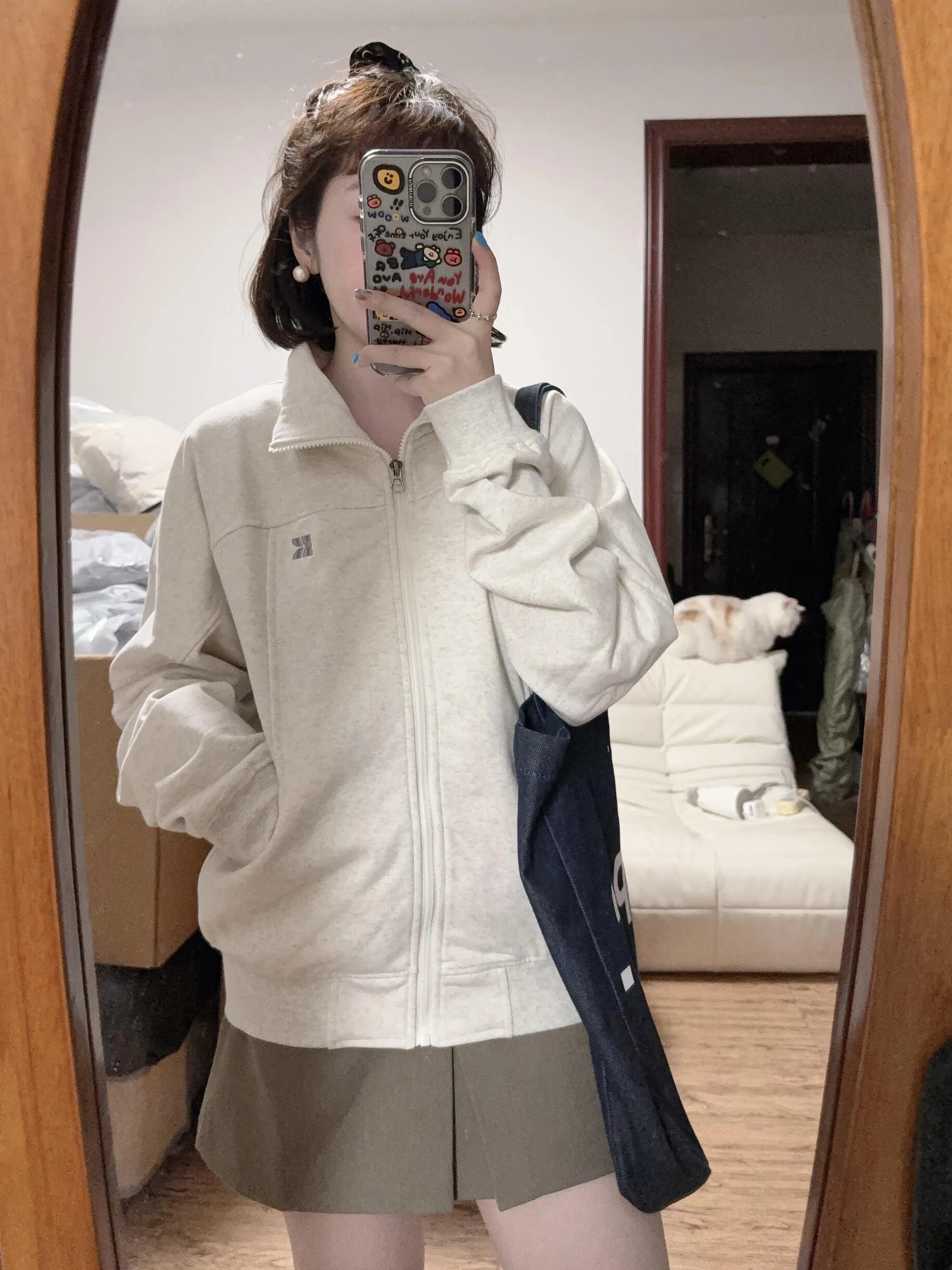 

American Style Loose Fit Zipper Cardigan Women's Autumn Winter Lazy Chic Casual High Collar Sweatshirt Outerwear