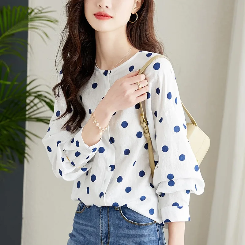 

Винтажные женские блузки в горошек, повседневные рубашки, модная свободная летняя корейская одежда, шифоновый женский топ с круглым вырезом три четверти