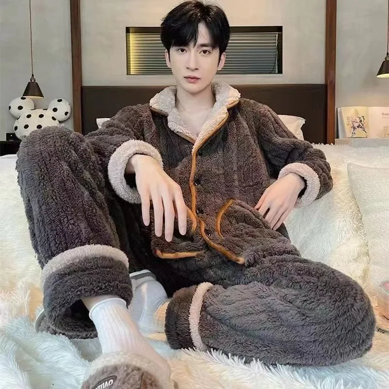 Both Men Women Pyjamas Winter Coral Velvet Thickened Fleece Long Sleeve Trousers Flannel Two-piece Set Cosy Thermal Pajamas