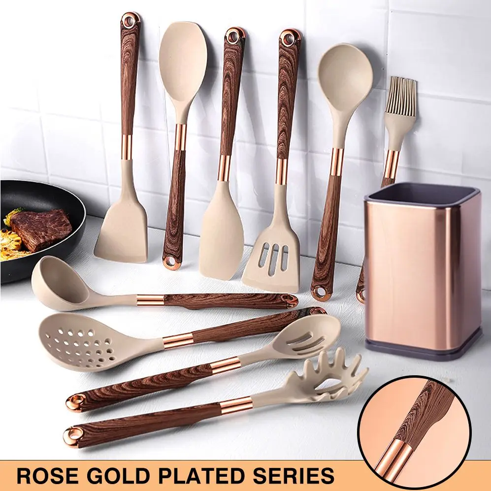 Silicone Cooking Utensils Set Kitchen Heat Resistant Rose Gold-Plated Handle Non-Stick Spatula, Spoon, Quality Gift, 5-13 Pcs