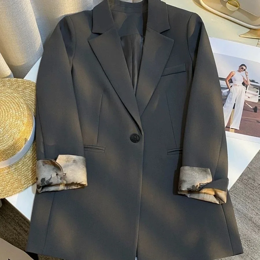 2026 Women Gray Blazer Unique Cuff Elegant Casual Suit Jacket Spring Fashion Office Coat