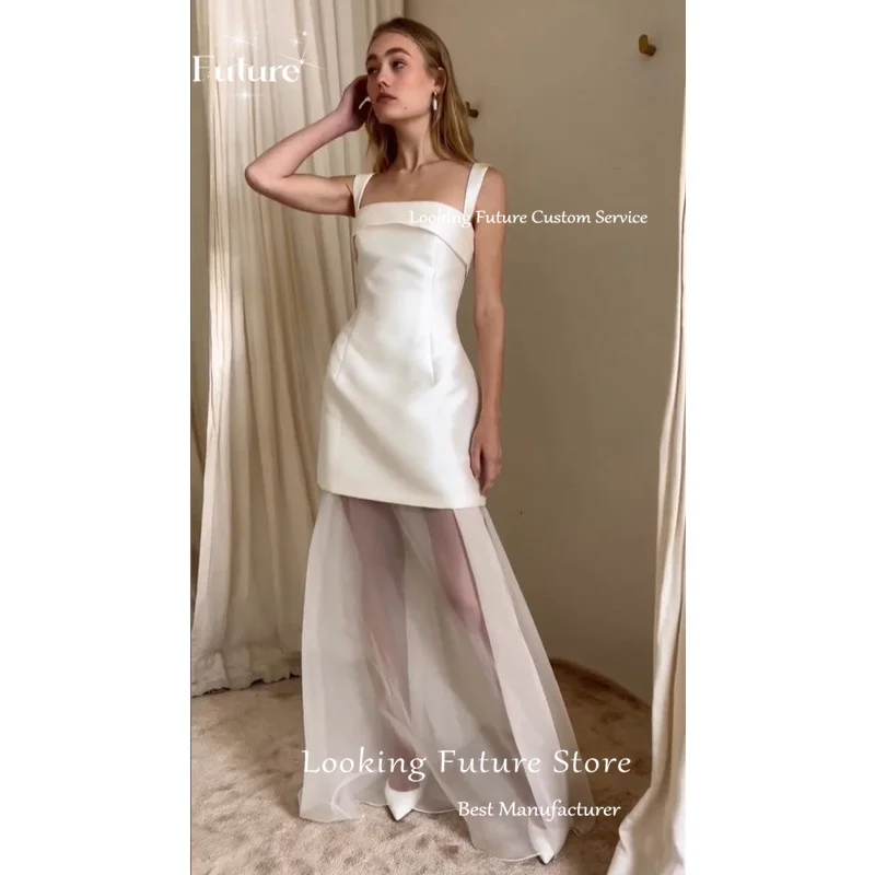 Simples longo vestido de casamento branco cetim gola quadrada plissado cinta de espaguete sem mangas sexy sem costas até o chão vestido personalizado