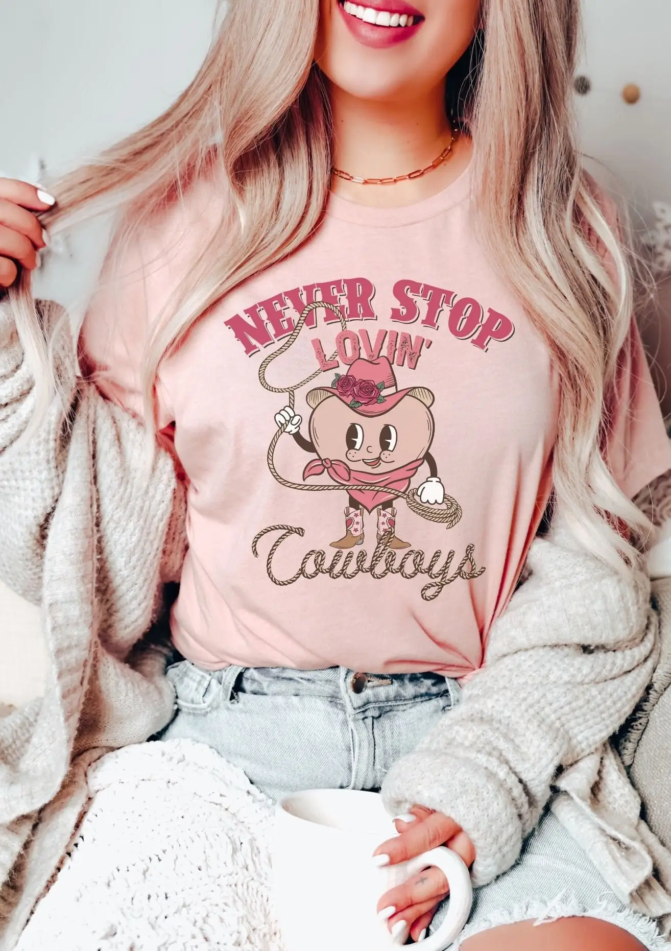 Never Stop Loving Cowboy T Shirt Retro Valentine'S Day Western Valentines Heart