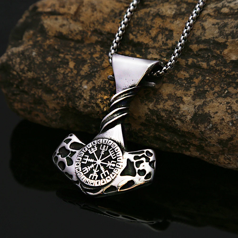 Vintage Unqiue Male Thor Hammer Necklace 316L Stainless Steel Nordic Compass Pendant Fashion Amulet Jewelry Gifts Dropshipping