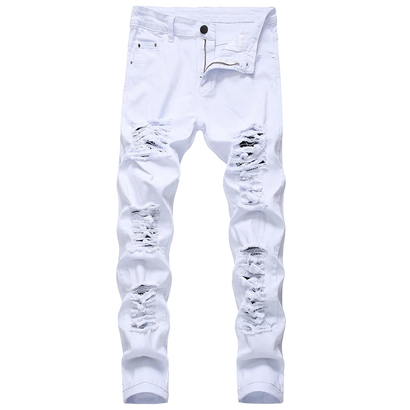 Men\'s Red White Black Color Fashion Jeans Slim Stretch Pencil Denim Pants Hole Casual Classic Trousers Versatile Brand Big Size