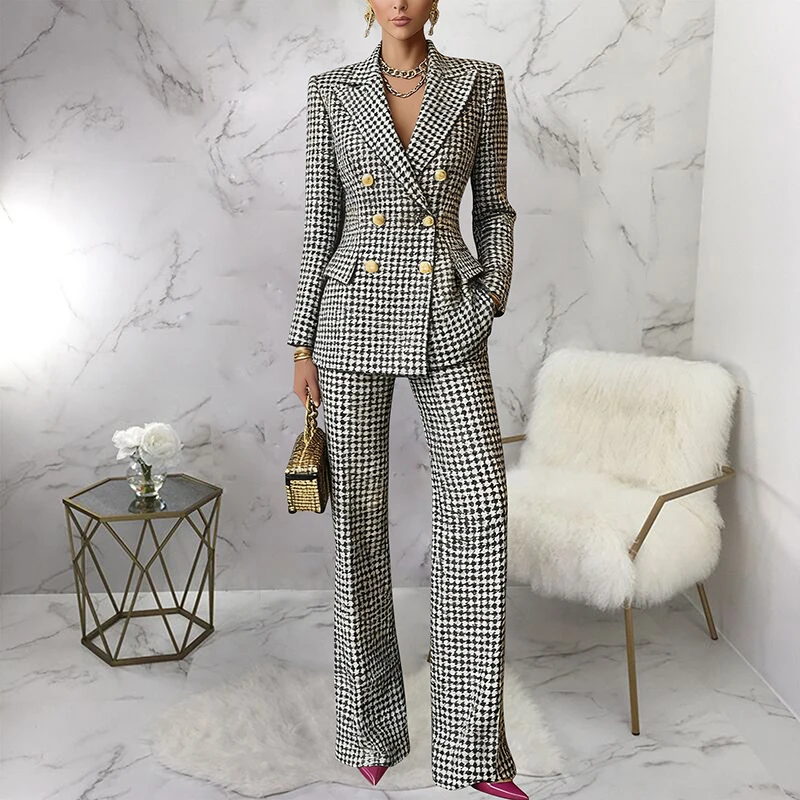 

Fashion Grid Printed Slim Commute 2pc Sets Elegant Temperament Suits Set Autumn Winter New Lapel Button Blazer&Pocket Pants Sets