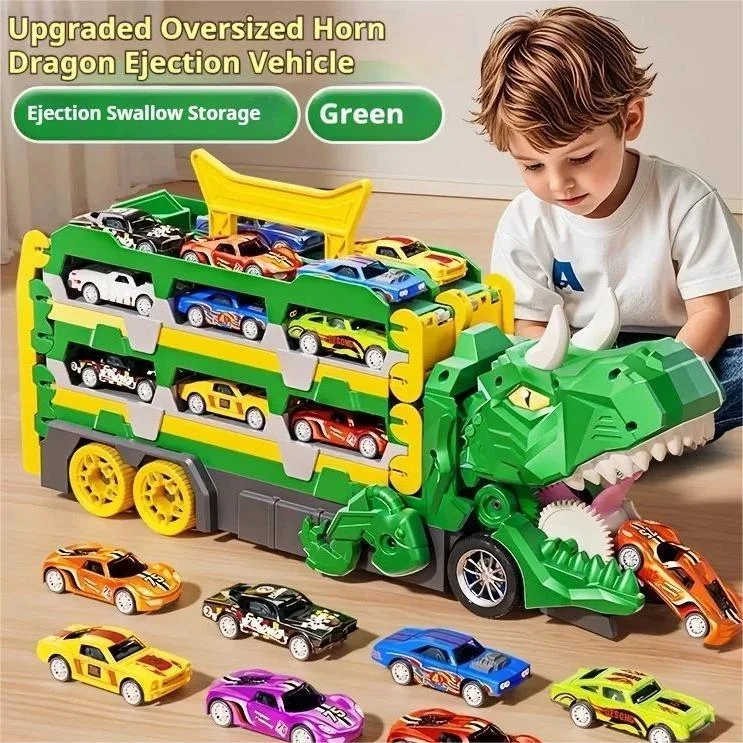 Dinosaur Car Track Set 12 Cars, Foldable Launcher Slide 145cm, Chomp & Launch Toy, Durable Gift for Boys Girls 3+