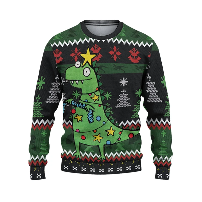 Cute Dinosaur Christmas Ugly Sweater Men's Clothing  Funny Festival Crewneck Pullover Top 3D Print Santa Jesus Graphic Sweaters