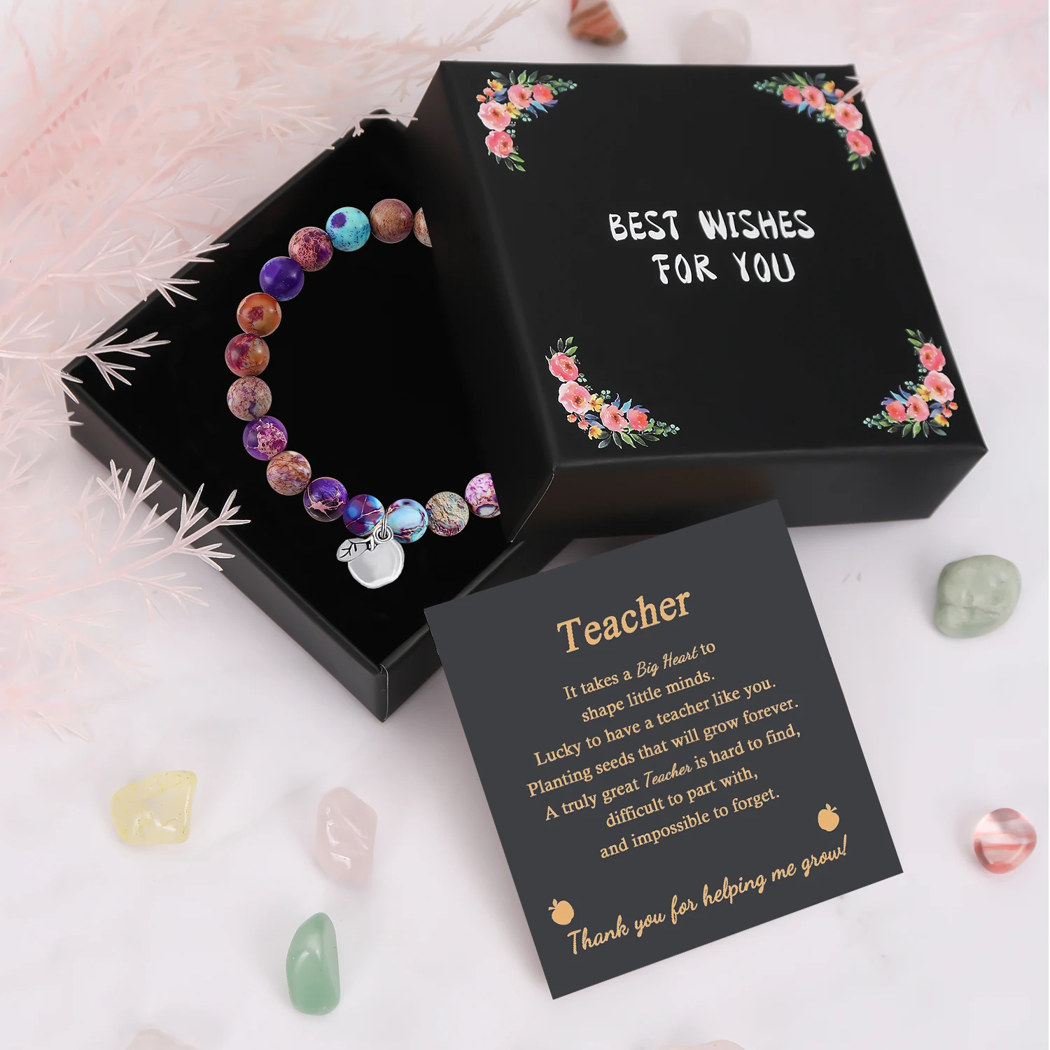 Pulsera colgante de manzana con caja de regalo y tarjeta de bendición, regalo único de Navidad para profesores, 1 unidad