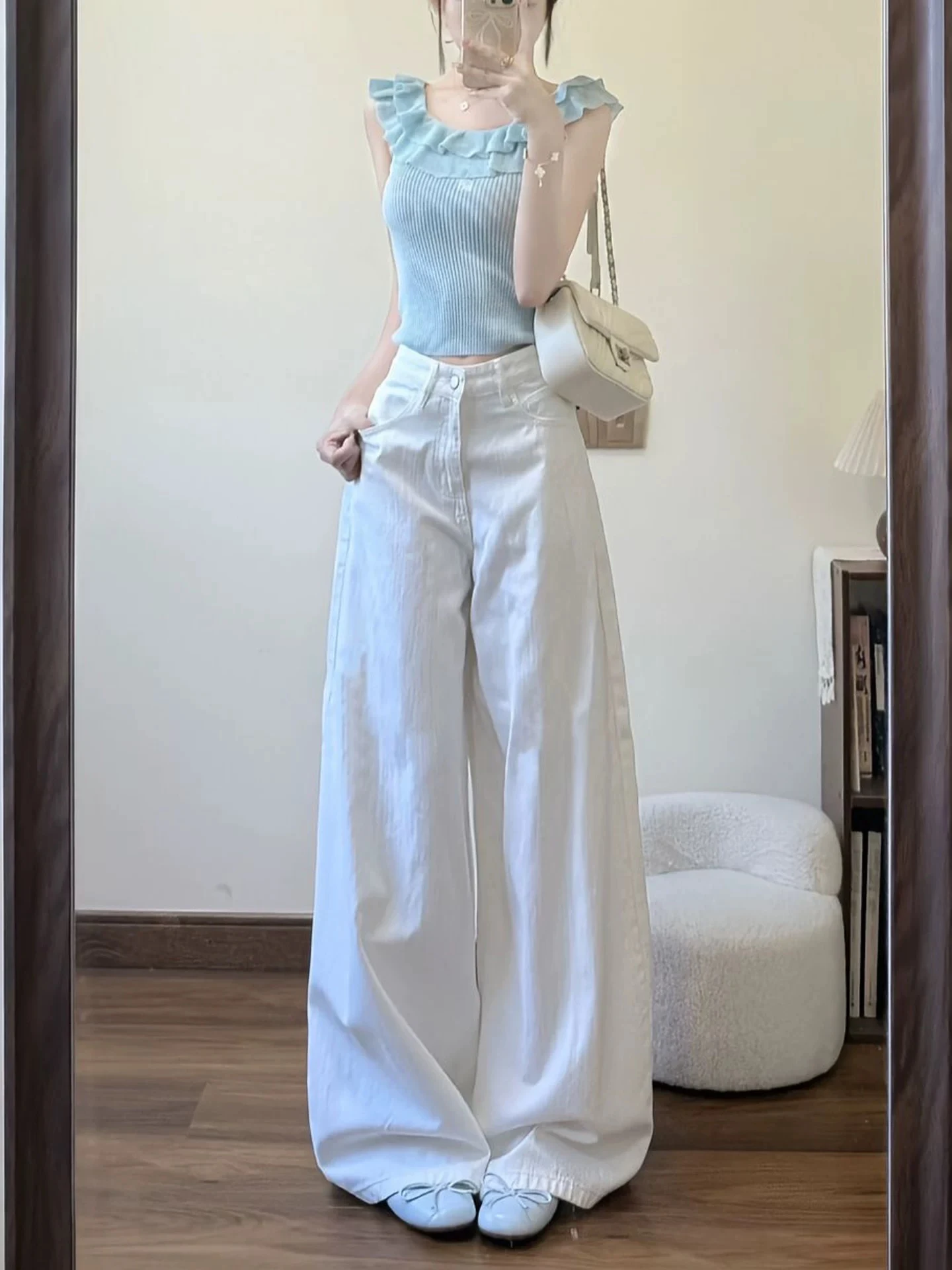 ホワイト ハイウエスト ストレートレッグ ジーンズ レディース カジュアル 多用途 着痩せ ルーズ ワイドレッグ 小さいサイズ フロアレングス パンツ