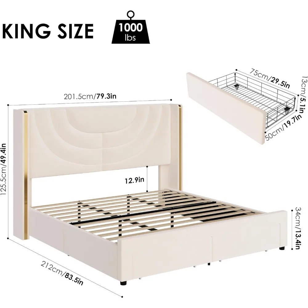 King Upholstered LED Bed Frame,Velvet Platform Bed with Wingback Headboard, Solid Wooden Slats Support, No Box Spring Needed