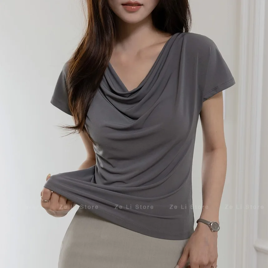 Stretch Pile Collar T-shirt Pure Lust Style Swing Collar Short-sleeved T-shirt Women's Summer Two-piece One-shoulder Shorttops
